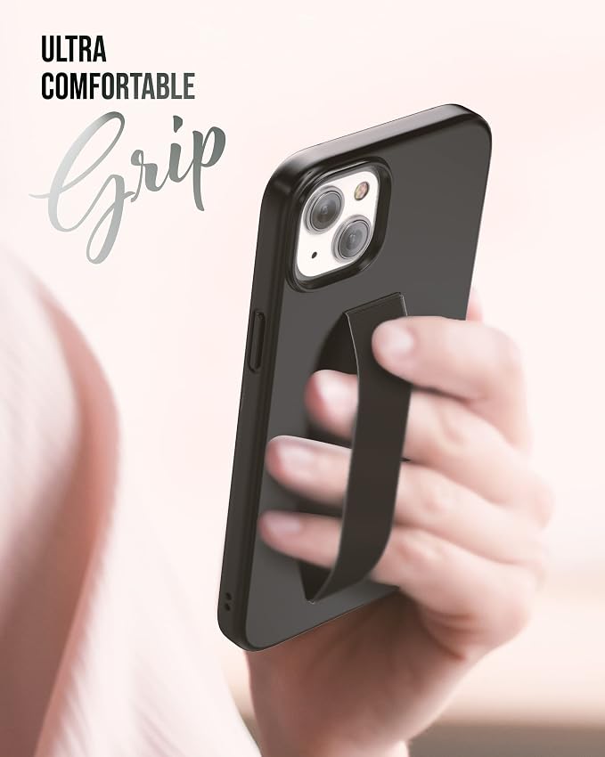 ENCASED Finger Loop Case Designed for iPhone 14 Plus Case with Hand Strap Phone Holder and Screen Protector (Black/Gold Marble)
