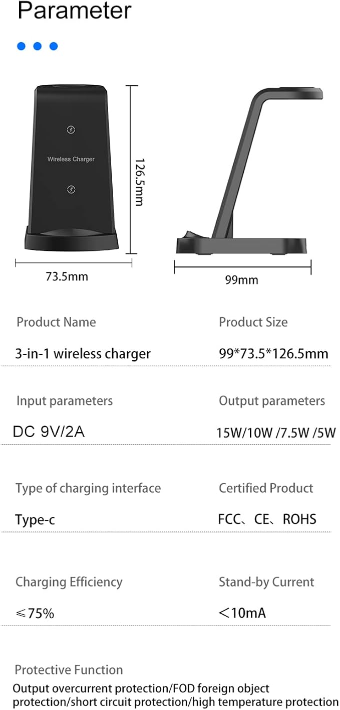 Aoresac 15W Fast Charging Dock 3 in 1 Wireless Charging Station Smartphone Watch Earbuds Stand Holder with Anti Slip Design Indicator Light for Home Office Hotel Bar