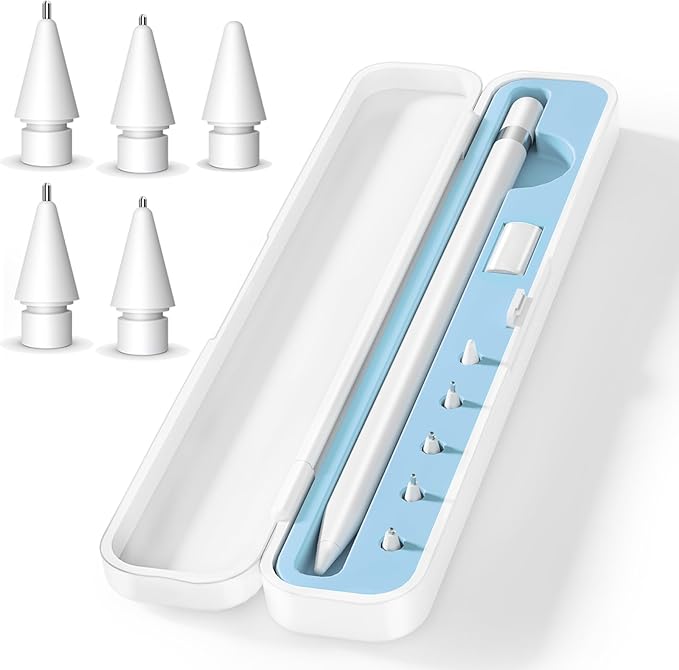 Inesore for Apple Pencil Case with 5 Pcs Replacement Tips (Blue) | Lndependent Storage Slots Contains 5 Pen Tips Soft Silicone Lining Fit Apple Pencil Pro /1/2/USB-C Compact Easy Carrying