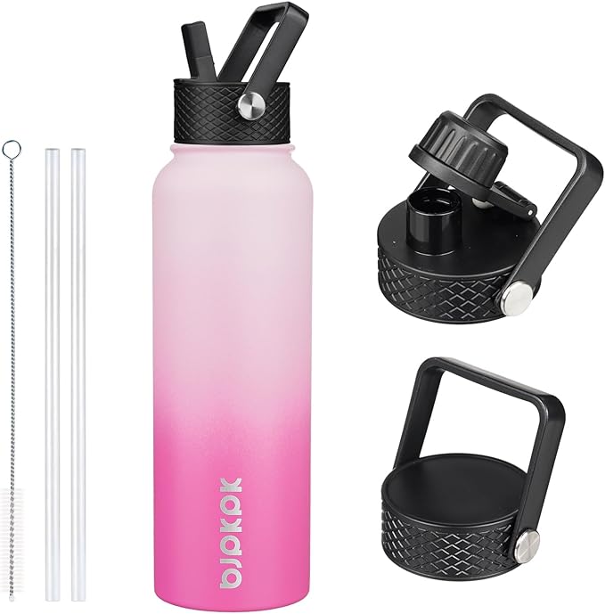 BJPKPK 40oz Stainless Steel Insulated Water Bottle with 3 Lids, Sakura - BPA Free Leakproof Thermos Bottle for Sports & Gym