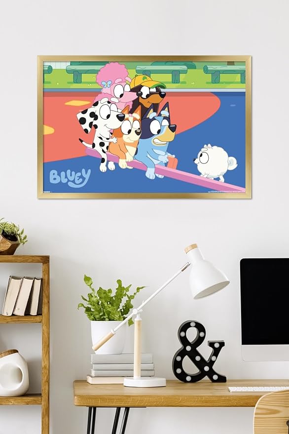 Bluey (2018) - Bluey and Friends See Saw Fun Wall Poster, 34L" x 22.4W", Gold Framed Version