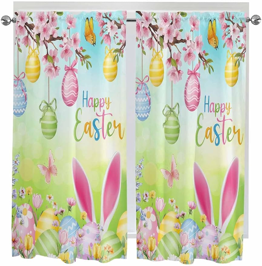 Easter Living Room Curtains 72 Inches length, Spring Bunny Colorful Rabbit Eggs