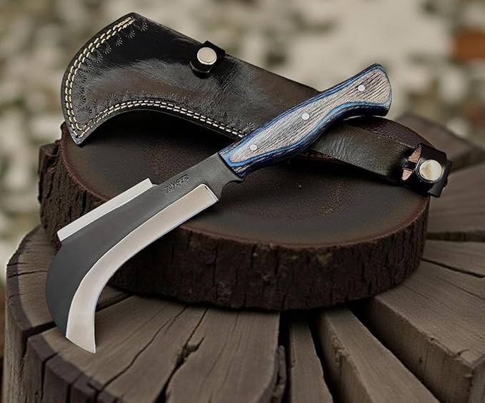 Hand Forged Carbon Steel Machete Billhook Sickle Knife | Yard Work | Tree Cutting | Brush Clearing Garden Tool | Leather Cover with Belt Loop (BHC3)