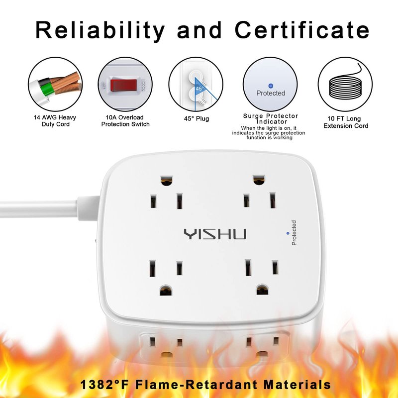 10 Ft Surge Protector Power Strip - YISHU 3 Side Outlet Extender with 8 Widely AC Outlets and 4 USB Ports, 10 Feet Extension Cord with Flat Plug, Wall Mount Desk USB Charging Station, ETL,White