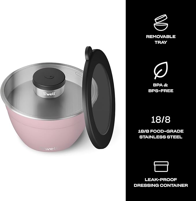 S’well Stainless Steel 64oz Salad Bowl Kit, Pink Topaz Color, Comes with 2oz Mini Canister and Removable Tray for Organization, Leakproof and Dishwasher Safe