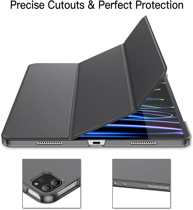 JETech Case Cover for iPad Pro 12.9 6th/5th Gen (2022/2021) Black | Slim Translucent Back Design Tri-Fold Stand Auto Wake/Sleep Lightweight Shockproof Protection