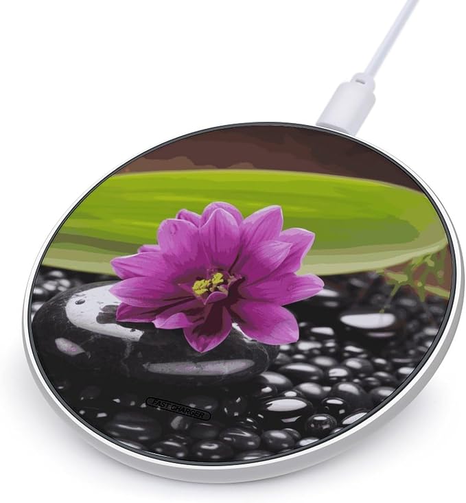 Purple Flower with Black Stone Wireless Charger 10W Fast Charging Pad Anti-Slip Qi Certified Wireless Charging Pad Charging Station Portable Phone Charger for All Wireless Charging Smartphone
