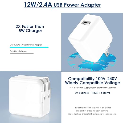 10FT iPad ChargeriPhone Charger Pad Cord Fast Charging 12W USB Wall Charge | Foldable Portable Travel Plug with 10Foot USB A to Lightning Fast Charging Cable for iPad Mini 1/2/3/4/5Air 1/2/3iPhone