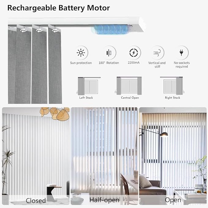 Blindify Motorized Vertical Blinds, Light Filtering Sliding Door Shades Vertical Shades Remote Control Customize, Jacquard Beige