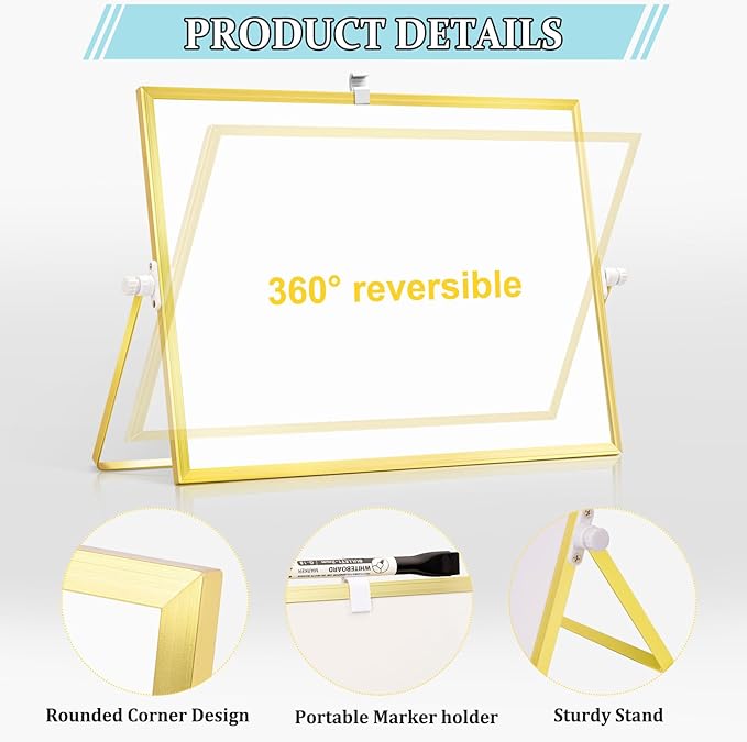 Magnetic Dry Erase White Board, 16" x 12" Double-Sided Golden Aluminum Frame Desktop Whiteboard with Stand, Portable Small Whiteboard Set for Drawing, Office, Home
