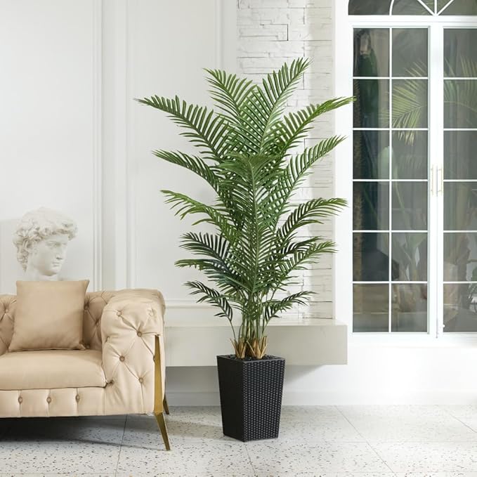 6FT Artificial Palm Tree - Tall Fake Tree with Black Taper Planter & Pebbles, UV Resistant for Indoor & Outdoor Decor - Large Potted Faux Plant for Living Room, Office, Home Decor,VN130