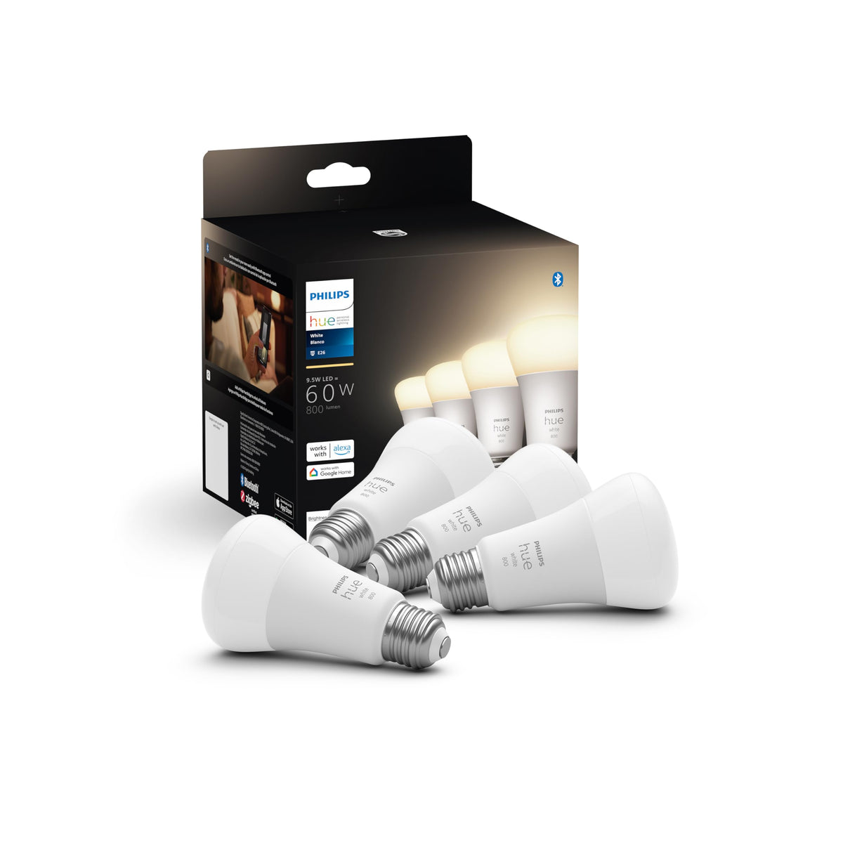 Philips Hue Smart 60W A19 LED Bulb - Soft Warm White Light - 4 Pack - 800LM - E26 - Indoor - Control with Hue App - Works with Alexa, Google Assistant and Apple Homekit