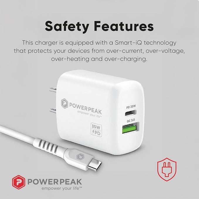 35W Super Fast Charger Dual Port Charger 1 USB-C and 1 USB-A Ports Type C and Type A 6ft. (1.8m) Cable C-C Included | White