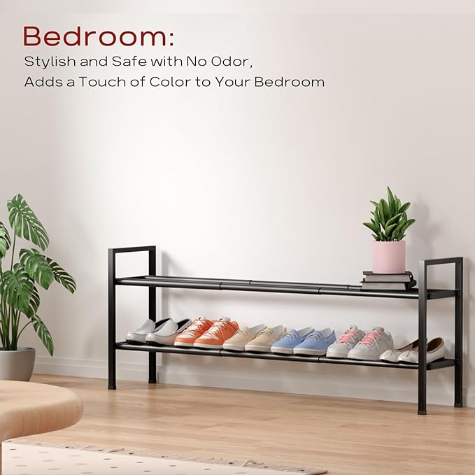 Bumusty 2-Tier Long Expandable Shoe Rack for Closet, 18"-44" Adjustable Shoe Rack for Entryway, 10-12 Pairs Large Shoe Organizer Shelf Storage, Sturdy Metal, Black