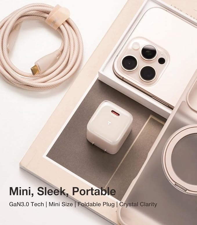 TORRAS IceNano 30W USB C Wall Charger Ultra Mini Foldable Fast Charger Block with Cooling Tech Compact Travel Wall Charger for iPhone 17/16/15 Samsung iPad Desert Gold (5.6ft Cable Included)