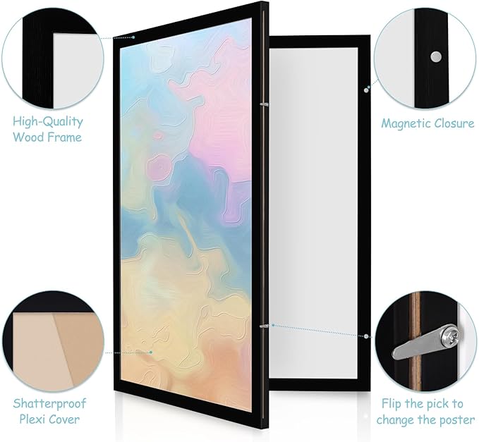 Black Frame Enclosed Whiteboard with Wooden Frame, Approx.17x23in / 43x58cm Poster Frame and whiteboard, Functional Whiteboard for Office, Home(Poster Not Included)(MMB-BK-4358)
