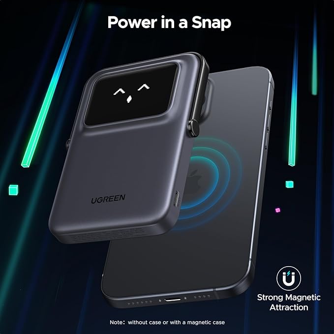 UGREEN Uno Magnetic Power Bank, Wireless Portable Charger, 20W Fast Charging Battery Pack with Foldable Stand and TFT Display 5000mAh for iPhone 17/17 Air/17 Pro/17 Pro Max/16/15/14/13 Series, Black