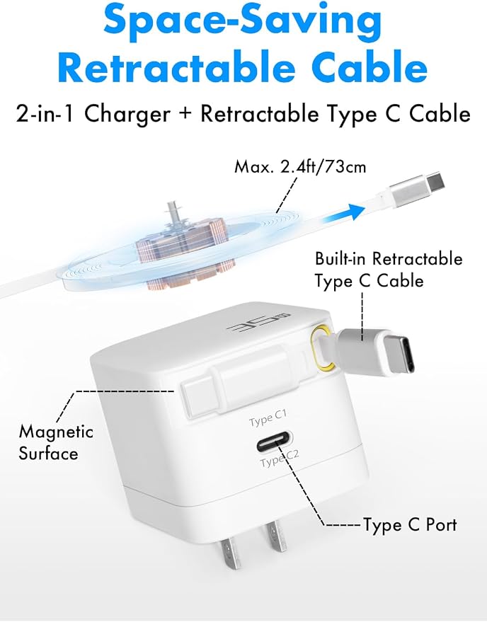 USB C Retractable Charger GaN PD 35W Charger Block Black | Type C Cable Portable Wall Phone Fast Charging Adapter Foldable Plug for iPhone 17/16/15 Pro Max/iPad/Galaxy/Pixel