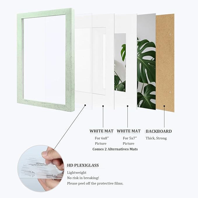 Egofine 9x12 Picture Frame Made of Solid Wood Covered by Plexiglass, Wood Frame for Pictures 5x7/6x8 with Mat or 9x12 without Mat, Tabletop and Wall Mounting Display, Rustic Green