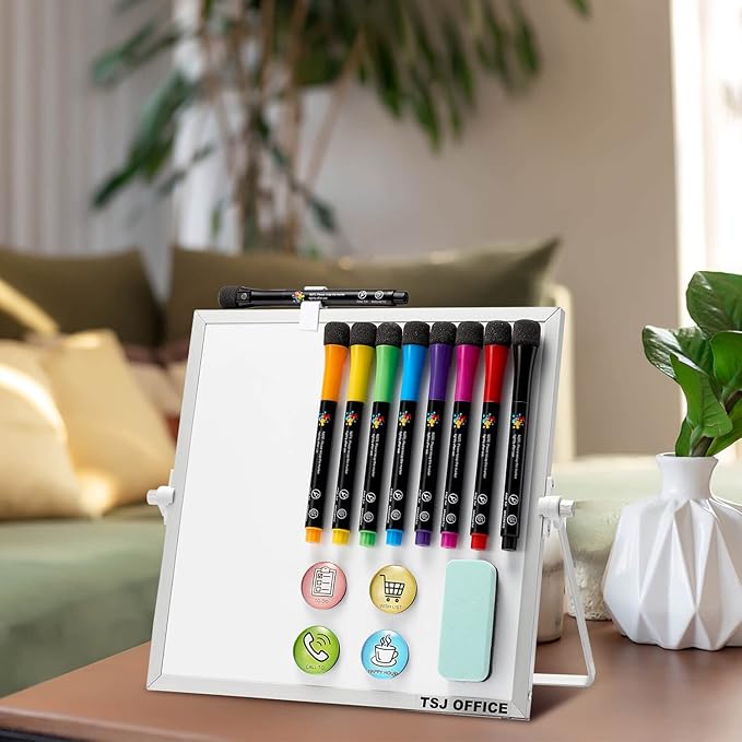 TSJ OFFICE Small White Board - 10 X 10 Inches Small Magnetic Dry Erase Board with Hooks for Wall, Desktop Whiteboard Stand 360 Degrees Revolving Double Sided for Office, Home, School, Silver