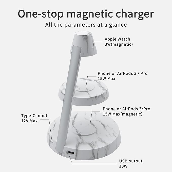 Magnetic Wireless Charger 3 in 1 Tower Standing Upright Double Layer Night Light High-Power Convenient Compatible with Cellphones/Wireless Earbuds/Apple Watch (Marble Style)