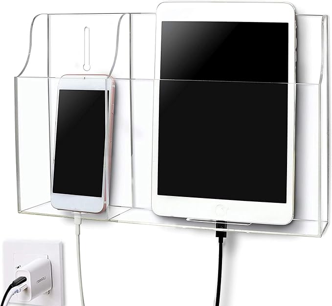 Clear Wall Tablet Holder Acrylic Wall Mounted Phone Holder for iPad Remote Control Holder Laptop Stand for eReader Storage Caddy with Charging Holes for Kindle iPhone