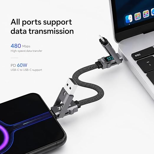 PZOZ 4-in-1 Keychain Charging Cable 60W Fast Charging USB C Cable with LED Display USB A/C to USB C &amp Lightning Portable Short Charger Cord for iPhone 16/15 iPad MacBook Samsung (60W 7.3 in