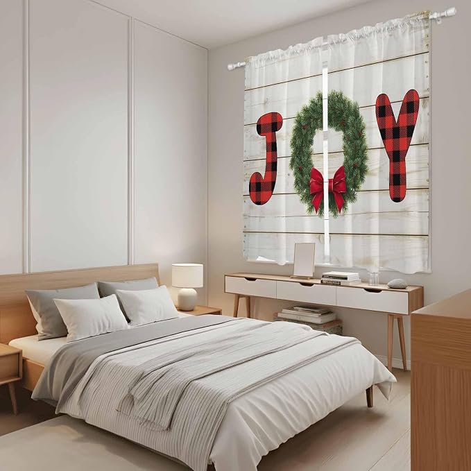 Christmas Wreaths Window Curtains 63 Inch Long 2 Panel Set, Rod Pocket Bedroom