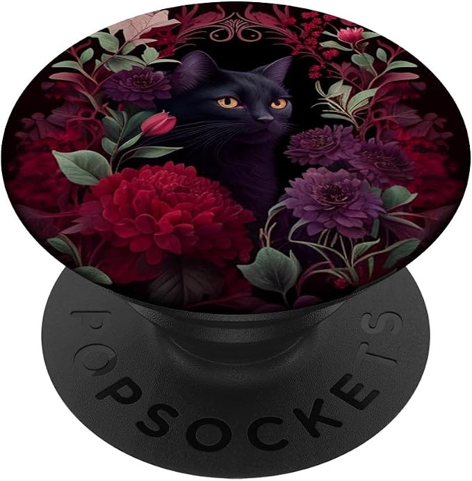 Black cat Hidden Flower Design with Burgundy Maroon Flowers PopSockets Adhesive PopGrip