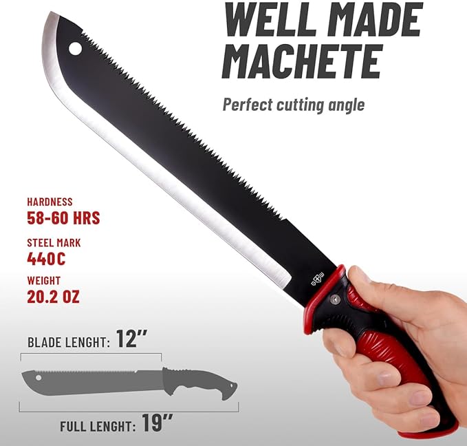 Machete with Saw 25" / 19" Heavy Duty Tool & Sheath - Ergonomic No-Slip Handle - Survival Knife with Serrated Blade - Machetes for Bushcraft Hunting Garden Cutting Trees and Yard Work
