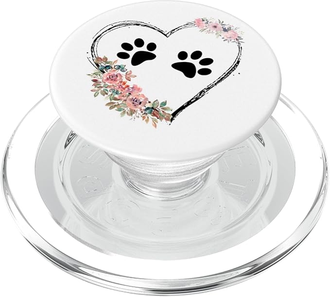 Dog Heart with Paw Prints and Flowers On White PopSockets Adhesive PopGrip