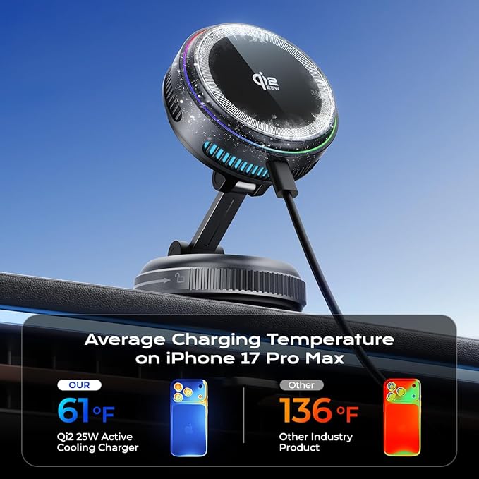 Qi2.2 Wireless Charger【25W Fast Charging+Cooling Fan】 Magnetic Charger Pad with 2 ModesLED Light Phone Holder Fast Charging Compatible with iphone17/16/15/14/13/12 Series (with 45W Adapter)