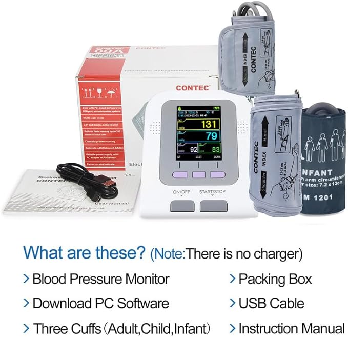 CONTEC Blood Pressure Monitor Upper Arm Cuff 3 Size Cuffs 300 Sets Memory Families use