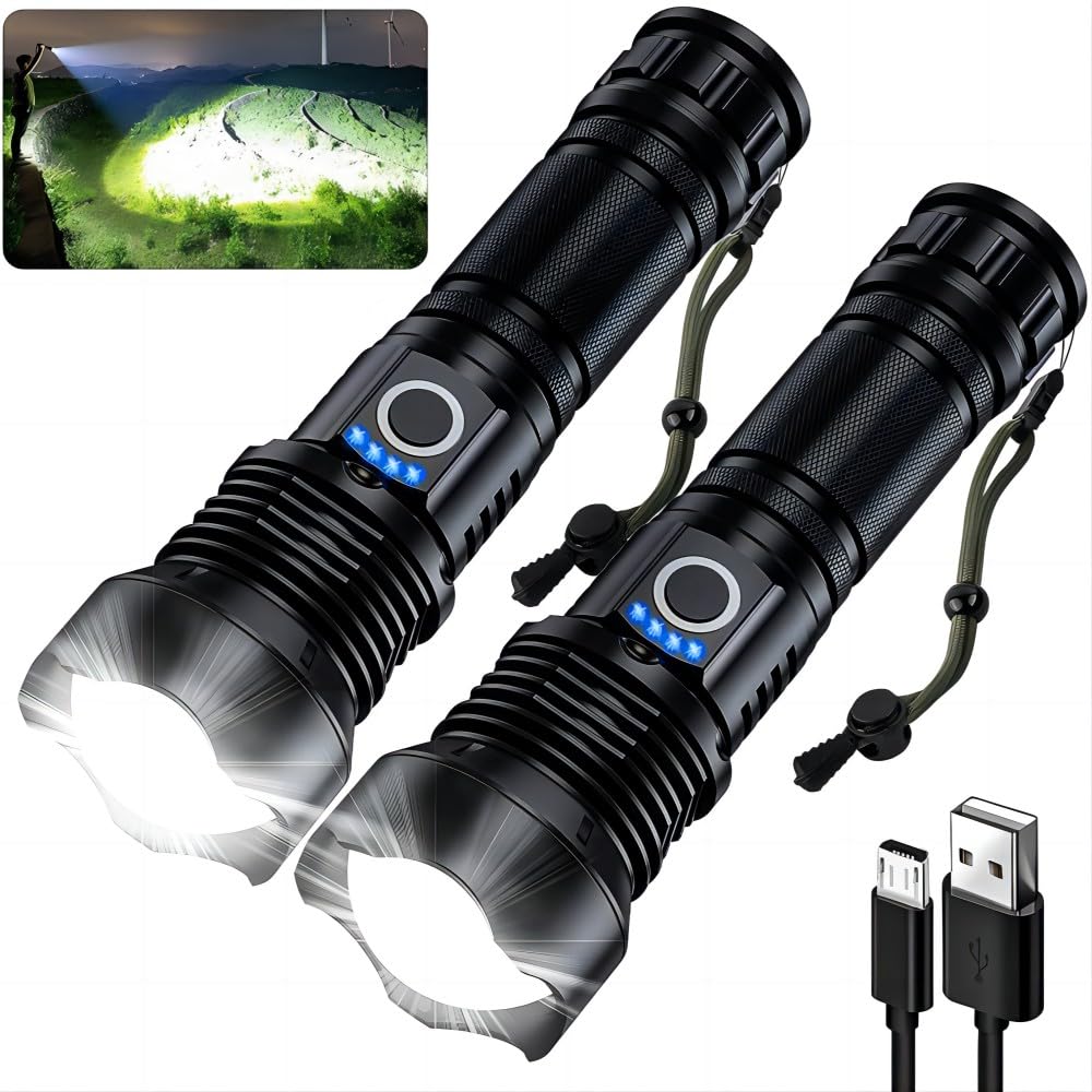 MILAOSHU Rechargeable Flashlights 90000 High Lumens - 2 Pack, Super Bright 12 Hours Long Life LED Flashlight with 5 Modes, High Powered Flash Light for Home, Outdoor