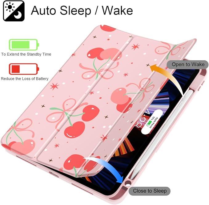 May Chen Case for iPad 12.9 Inch (6th/5th/4th/3rd Generation 2022/2021/2020/2018) Pencel Holder + Trifold Support Auto Sleep/Wake Transparent Shockproof Back Cover Blue Bows