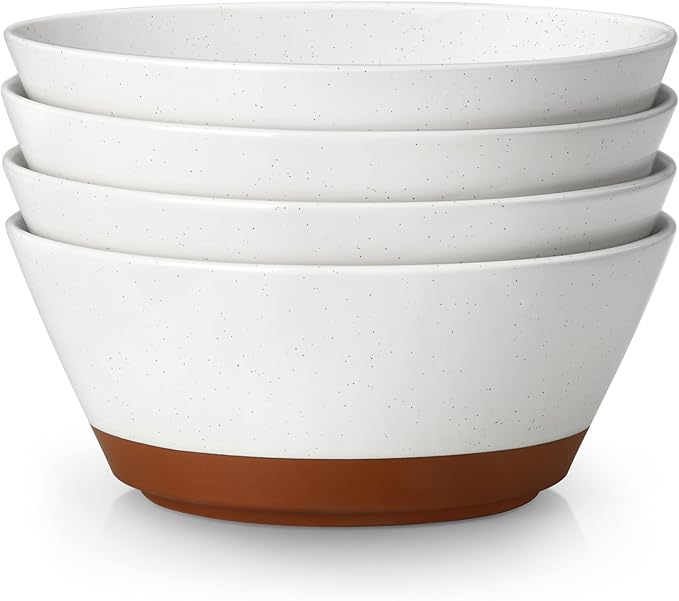 MALACASA Salad Bowls Set of 4, Soup Bowls for Kitchen, 60oz Large Ceramic Bowl for Ramen, Cereal, Fruit, Pho and Pasta, Microwave & Dishwasher Safe, Speckled Deep Bowls, White & Brown