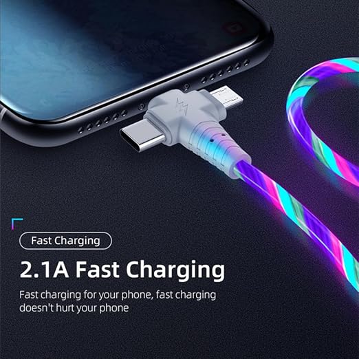 IHAO Multi Ports Light-Up USB Cable USBA to USBC/MicroUSB Cable Durable Fast Charging Cable with Visible Current Flow As Night Light Use-3in1 Blue