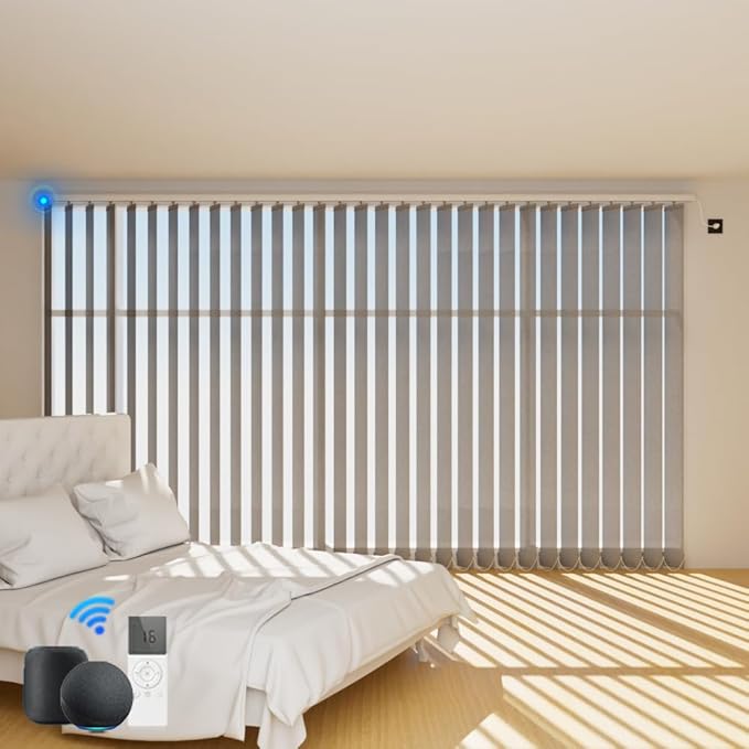 Blindify Motorized Vertical Blinds Compatible with Alexa Google Home, Light Filtering Sliding Door Shades Smart Vertical Blinds Remote Control Customize, Pure Grey