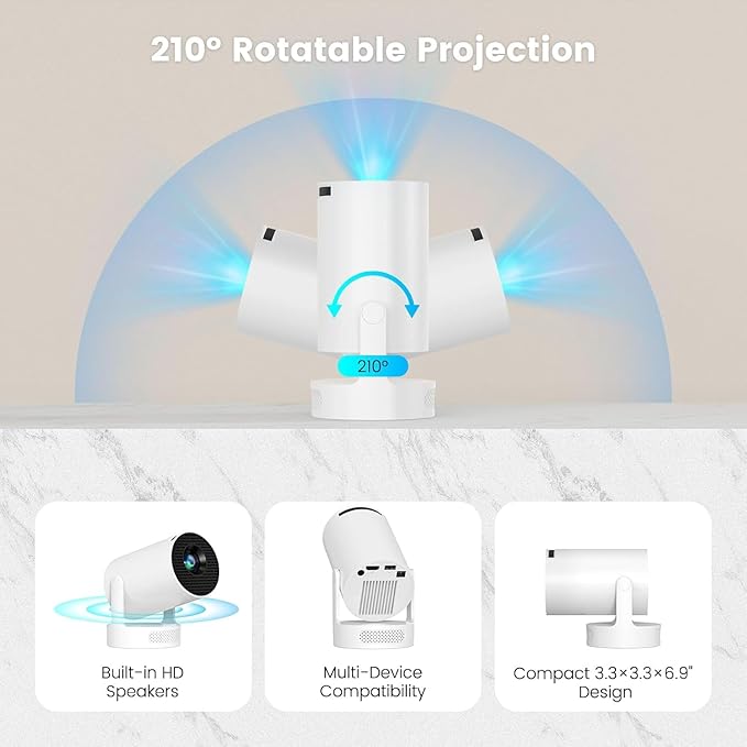 Mini Portable Projector with Wifi6 and Bluetooth, 4K Projector Support 5w Sound Base Speaker, 160 ANSI, Android 11, Auto Vertical Keystone 210°Rotatable Proyector for Home Bedroom Outdoor HY300 ULTRA
