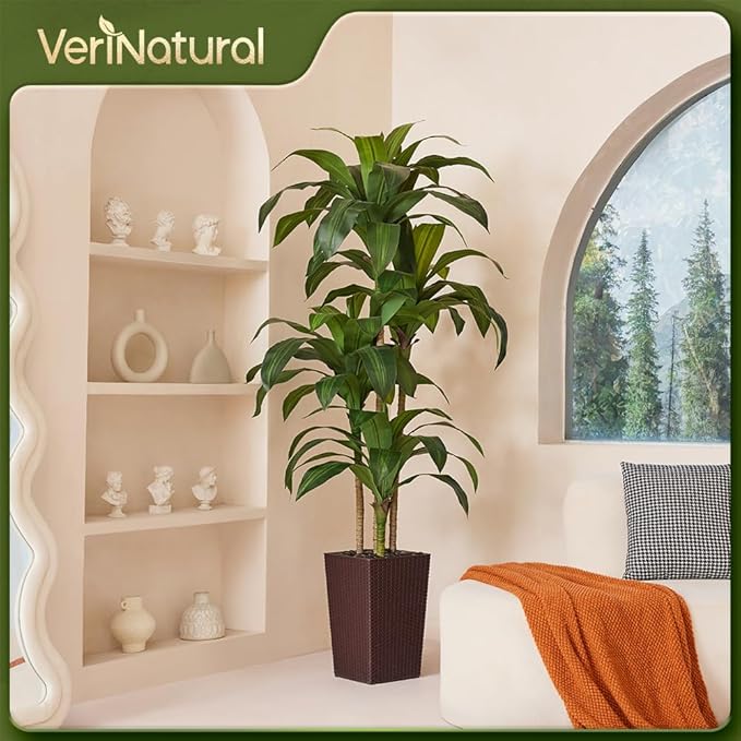 Artificial Dracaena Tree 6FT - Fake Tree with Brown Taper Planter & Pebbles - UV Resistant Faux Yucca Tropical Plant - Artificial Trees for Home Office Living Room Decor Indoor Outdoor