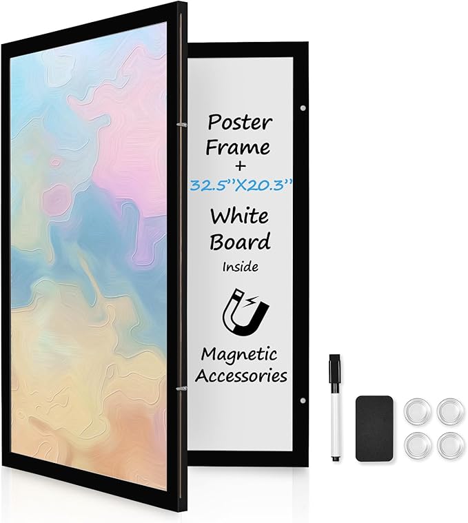 Black Frame Enclosed Whiteboard with Wooden Frame, Approx.17x23in / 43x58cm Poster Frame and whiteboard, Functional Whiteboard for Office, Home(Poster Not Included)(MMB-BK-4358)