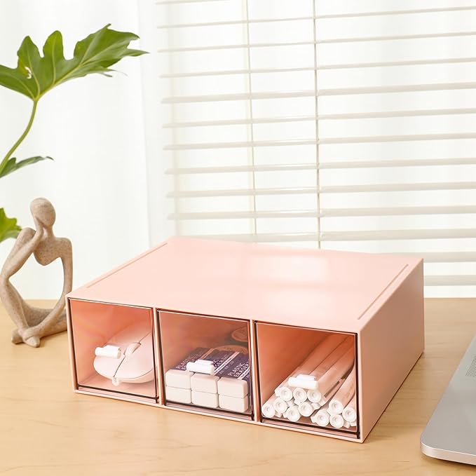Plastic 3 Drawer Organizer for Cosmetic Storage, Desk Organizer, Makeup Organizer for nail polish, Lipstick, Brushes, Jewelry, Skincare, Bathroom Organization Boxes - Pink
