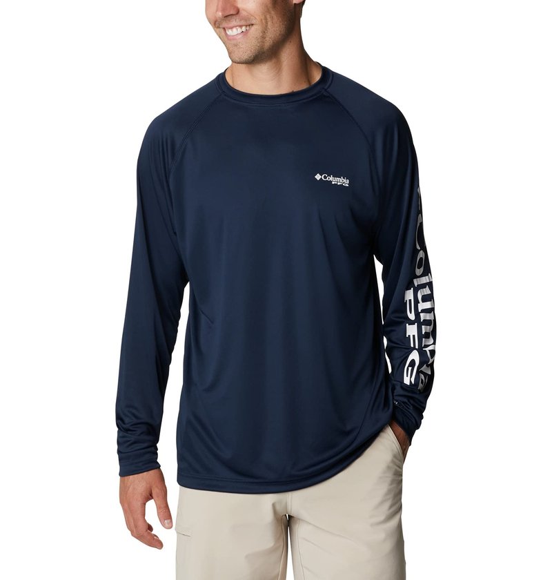 Columbia Men's Terminal Tackle Long Sleeve Fishing Shirt, Collegiate Navy/White Logo, XX-Large