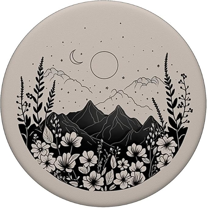 Boho Chic Floral Forest Nature Mountain Moon Sun Monochrome PopSockets Adhesive PopGrip