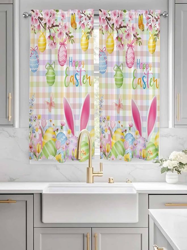 Happy Easter Living Room Curtains 72 Inches length, Spring Bunny Colorful Eggs