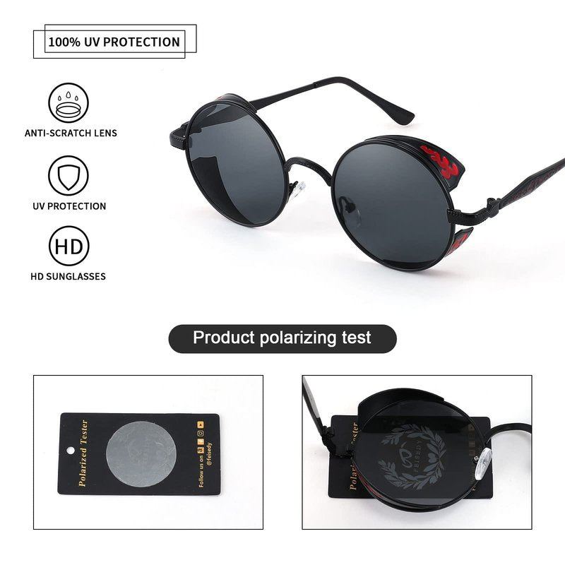 FEISEDY Retro Steampunk Sunglasses for Men Women, Round Metal Frame Gothic Vintage Style B2820