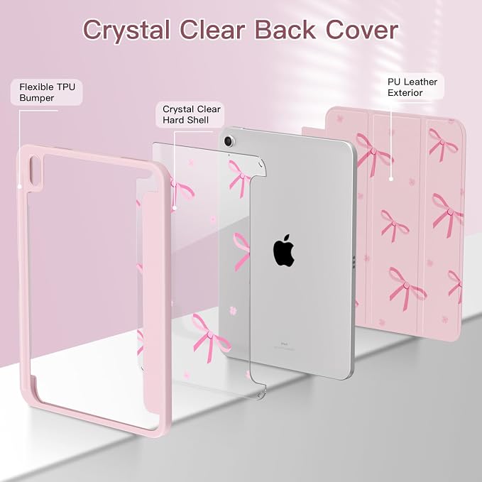 Teryeefi for 2024 iPad mini 7 Case A17 Pro for iPad mini 6th Generation Case 2021 8.3 Inch with Pencil Holder Auto Wake/Sleep Slim Clear Back Shell Cover (Blue Bow)