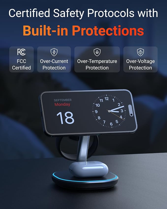M.A.D LAB Qi2 Wireless Charger 3 in 1 Charging Station for Multiple Devices - MagSafe Compatible LED Light 15W Fast Charging Station for iPhone Android Phones Apple Watch and AirPods (No Adapter)