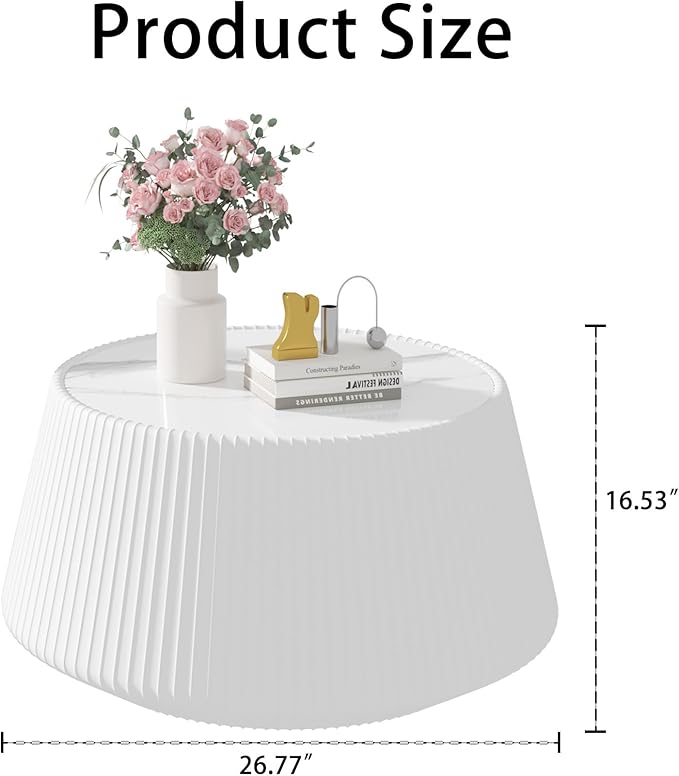 Round Coffee Table Set with Sintered Stone Tabletop, 26.77" White Drum Center Table and 19.68" White Coffee Table Set, 2 Pieces Living Room Table Set with Fluted PU Leather Cover& Stable Base