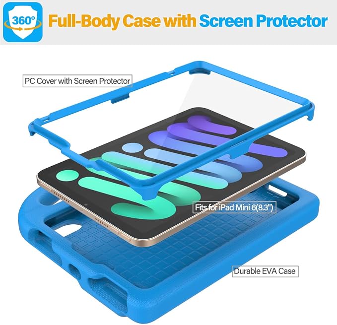 SUPLIK Kids Case for iPad mini 7 (A17 Pro) 2024 &amp iPad mini 6 2021 8.3-inch iPad mini 6th/7th Generation Case with Screen Protector Durable Shockproof Kids Cover with Handle Stand Black